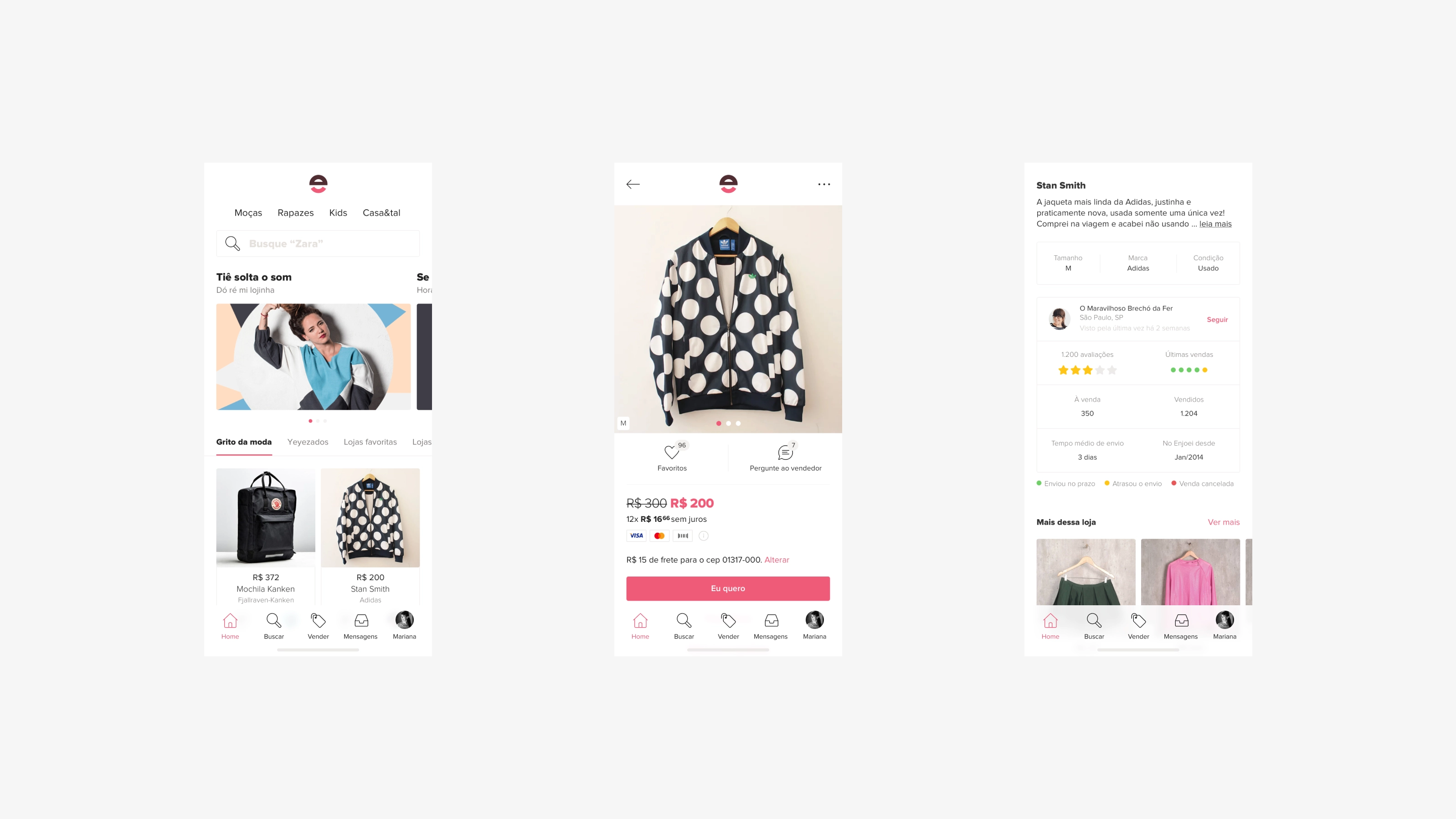 Enjoei — Três telas mobile com feed, página de produto e loja do vendedor