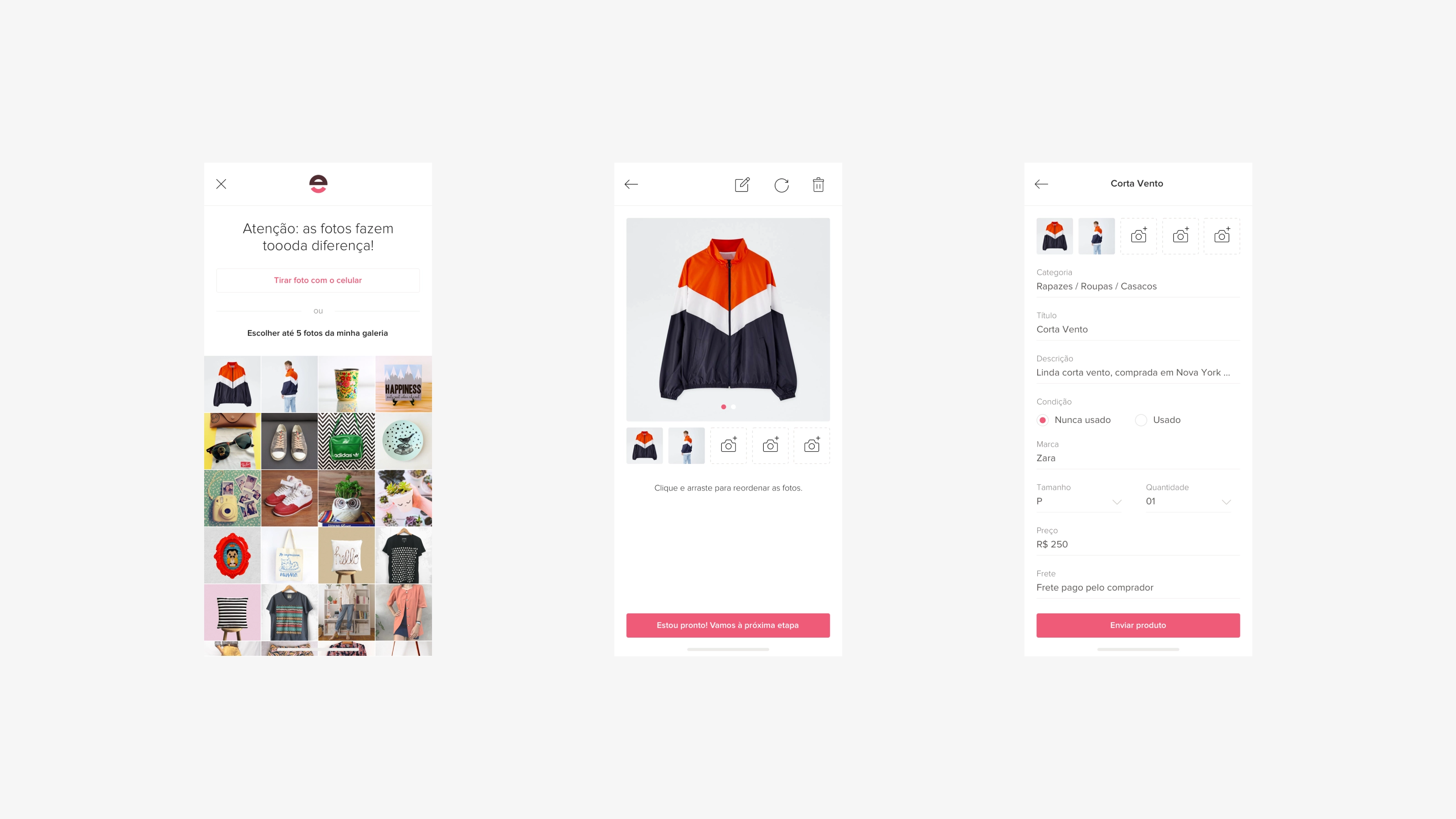 Enjoei — Três telas mobile do fluxo de criação de anúncio com fotos e formulário