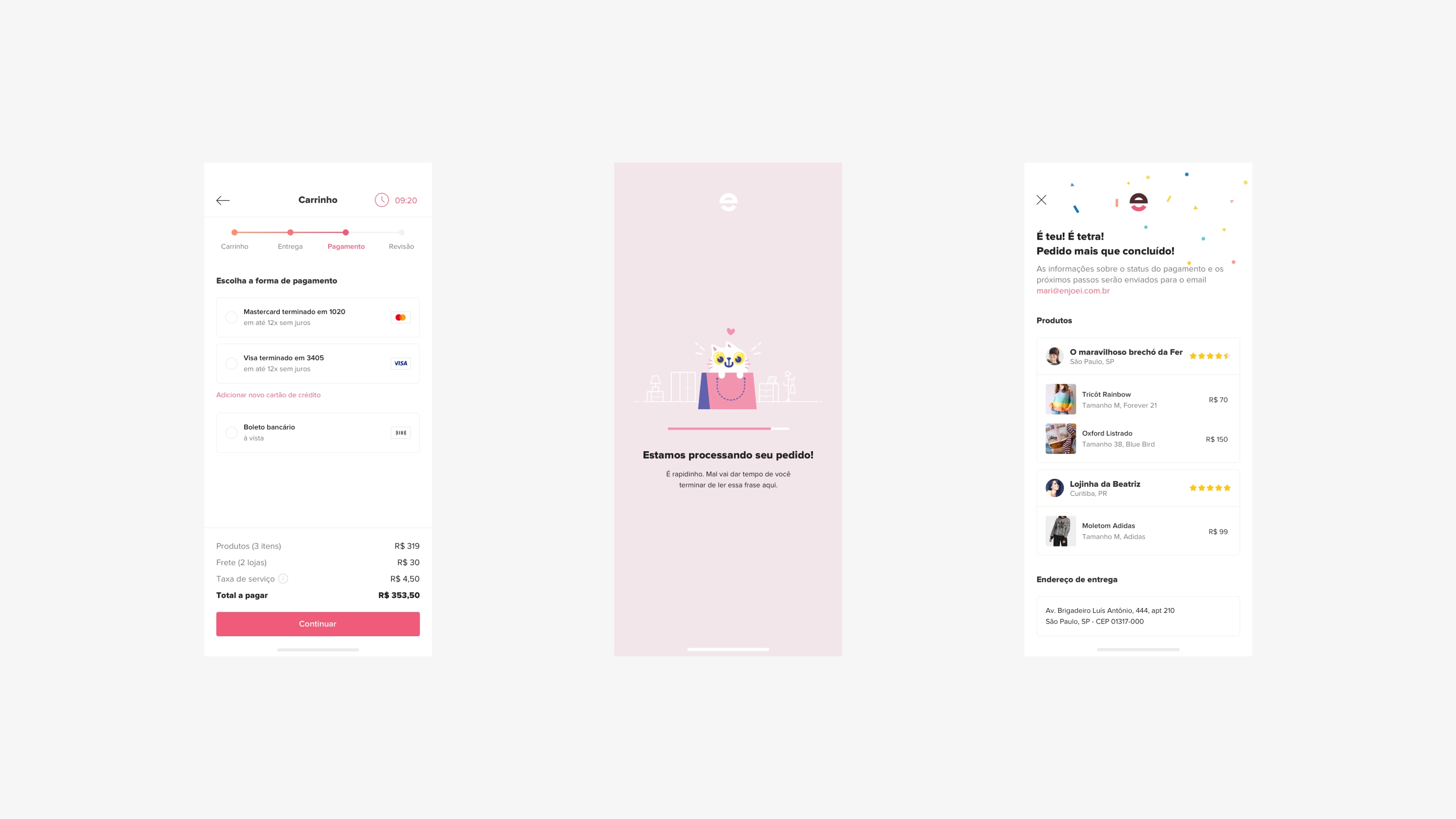 Enjoei — Três telas mobile do fluxo de checkout: carrinho, processamento e confirmação