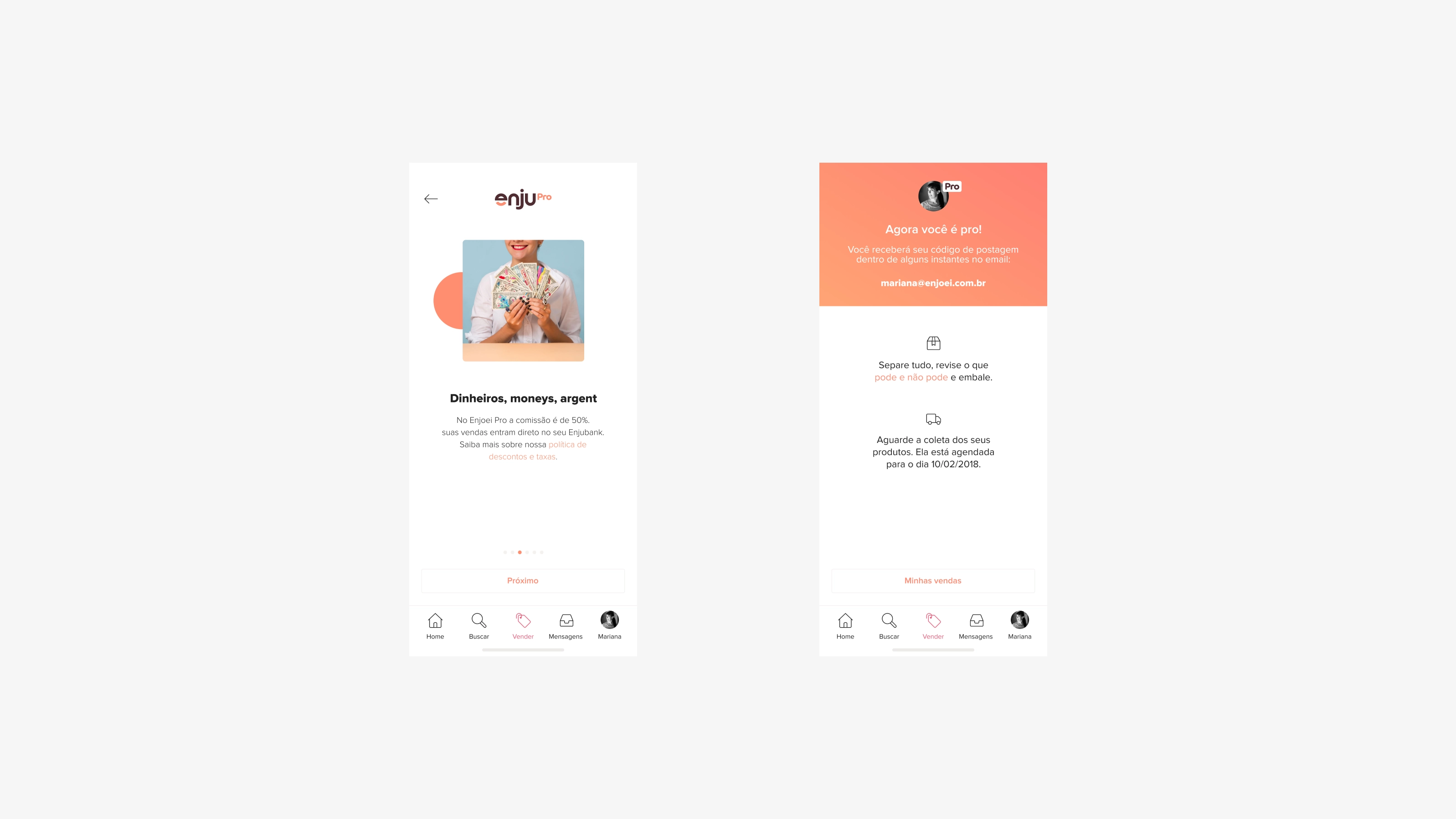 Enjoei — Duas telas mobile do Enjoei Pro com dashboard de vendedor e pagamentos