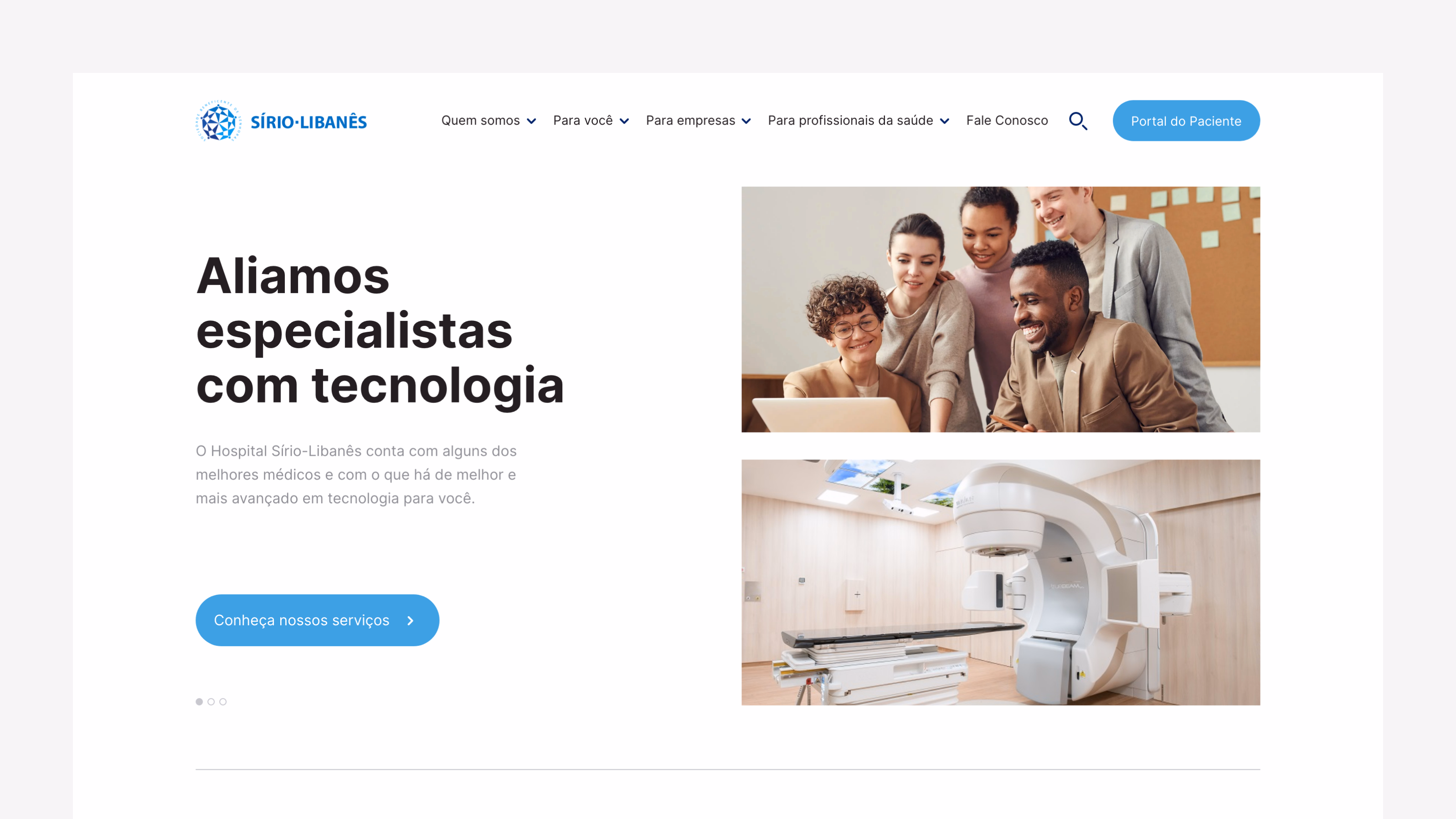Sírio-Libanês — Homepage desktop com headline sobre especialistas e tecnologia