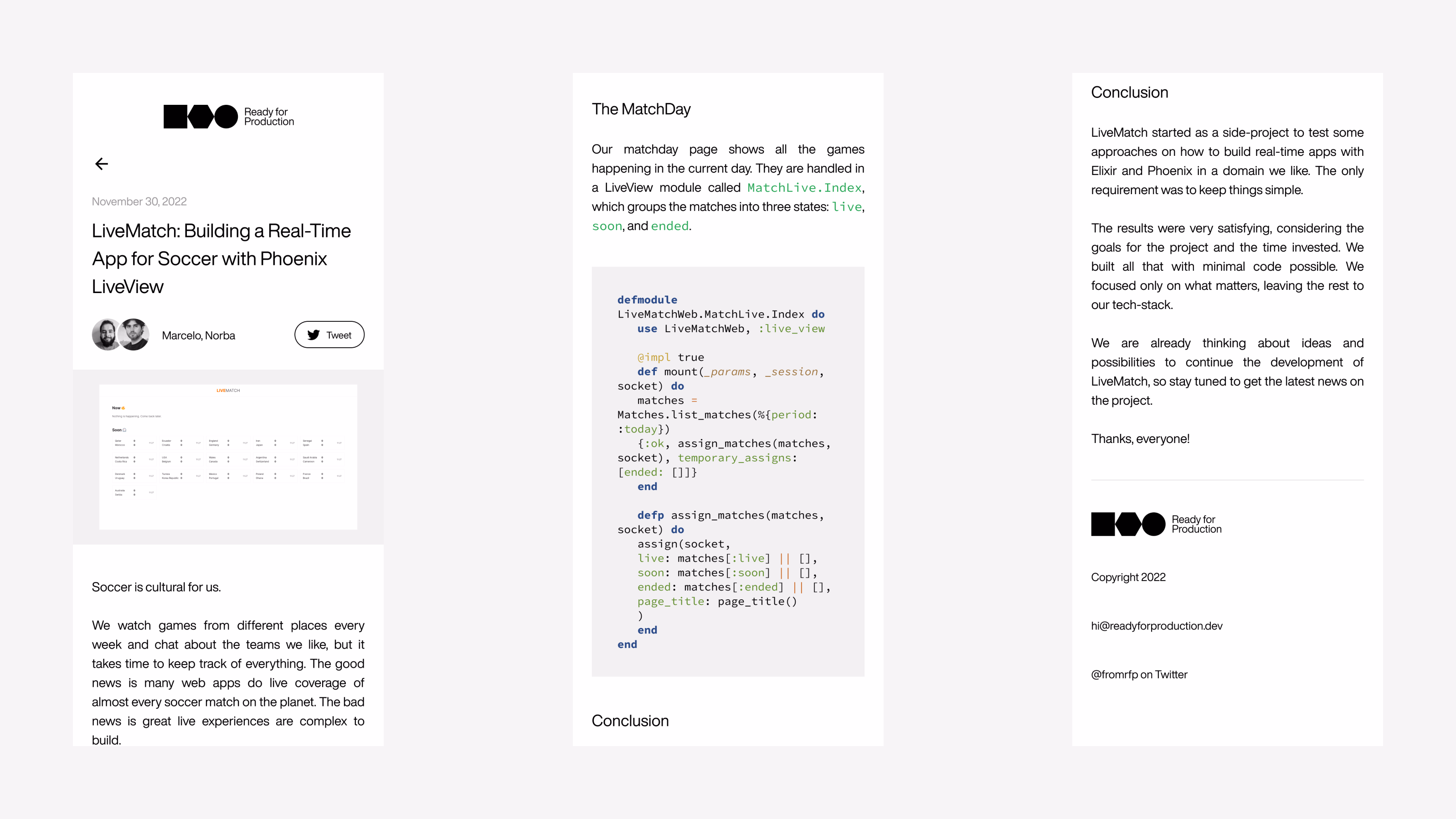 Ready for Production — Três telas mobile responsivas do blog post
