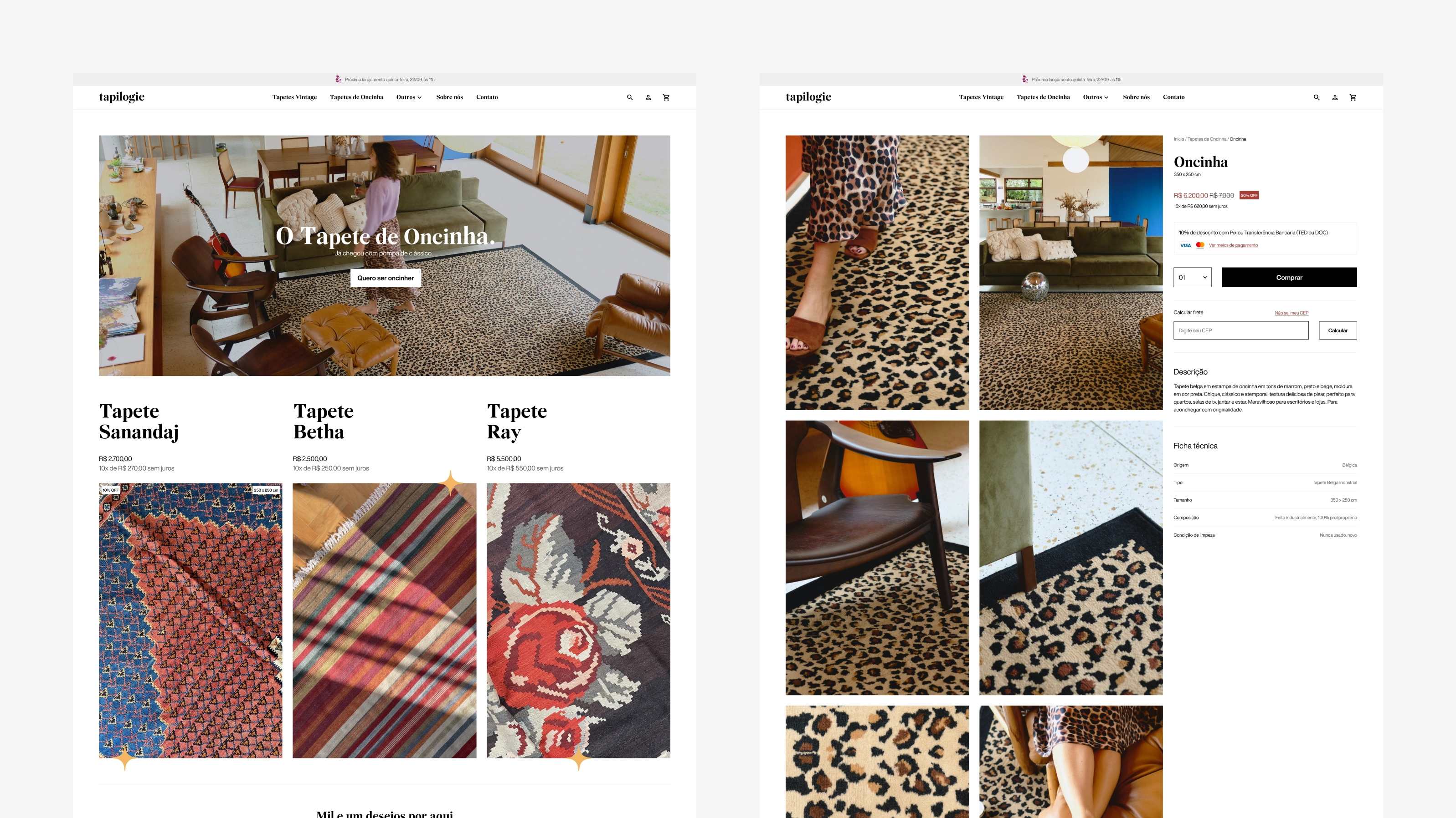 Tapilogie — Homepage desktop e página de produto do tapete Oncinha