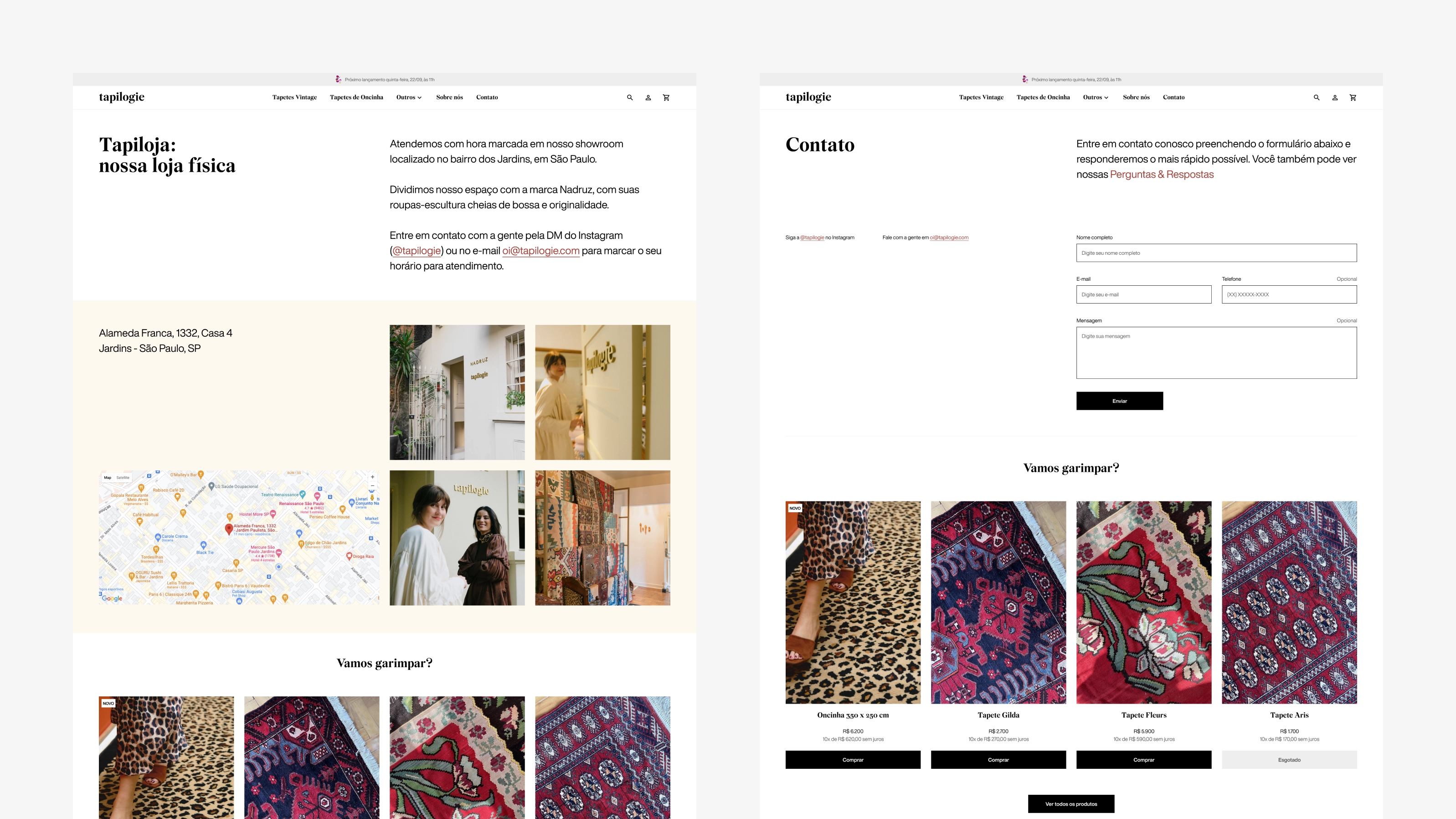 Tapilogie — Página da loja física com mapa e formulário de contato